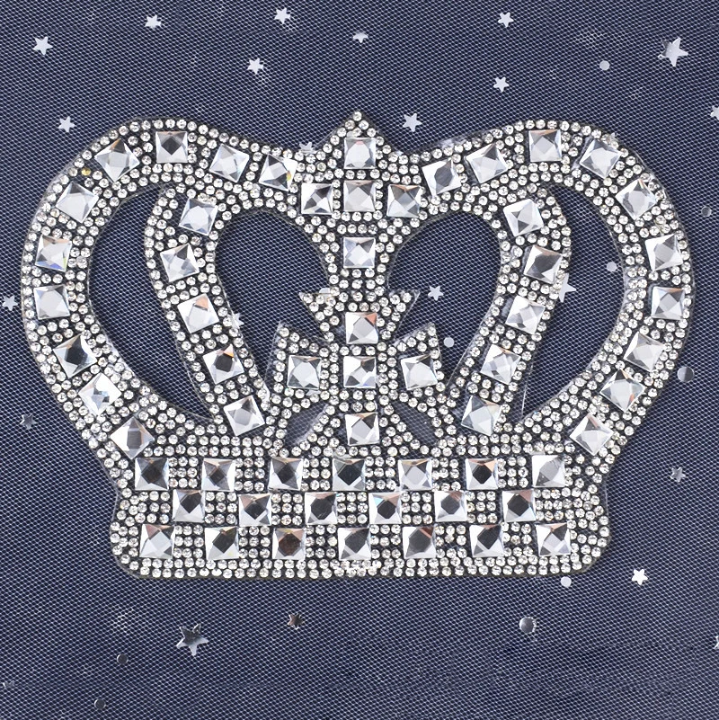 Big size Hot Fix Silver Shiny Rhinestone Crown Patches Design Heat Transfer Crystal Motif Iron on Baby Clothing Shoes Applique