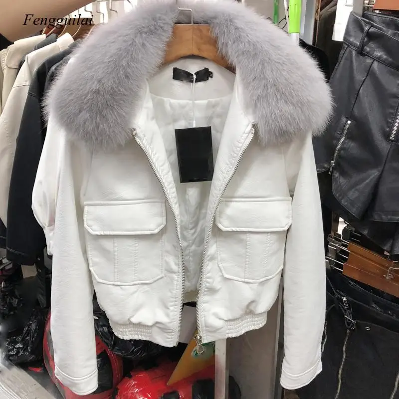 Big คุณภาพสูง Fox Fur Collar 2020ผู้หญิงใหม่ฤดูหนาว Warm Faux หนังแจ็คเก็ตรถจักรยานยนต์ Pu หนัง Jacket หญิงอบอุ่นเสื้อ