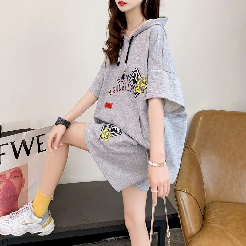 Womens Suits Summer Thin Casual Suits Loose Fashion Hooded T Shirt Wide Leg Shorts Two Piece Sets Kawaii Clothing Aesthetic Sets