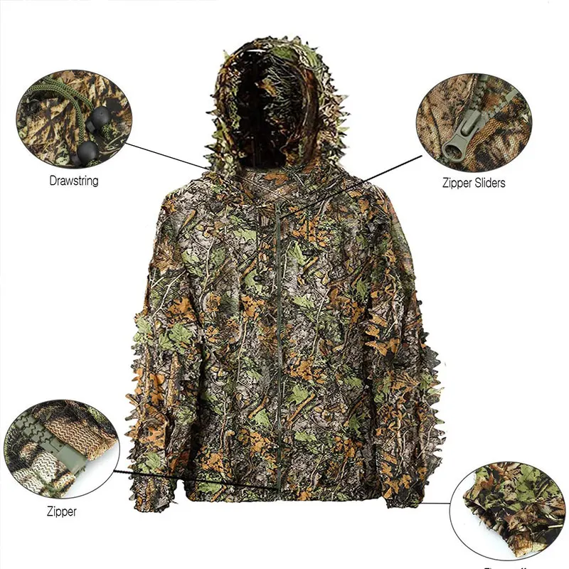 Traje Ghillie de camuflaje biónico de hoja de arce 3D para exteriores, conjunto de ropa ungle, pantalones, chaqueta con capucha para caza, juego CS, observación de aves, etc.