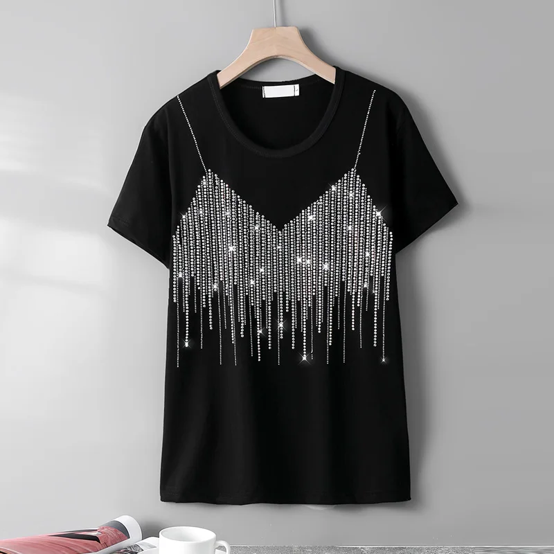 Summer New Fashion short-sleeve T-shirts female personality Sling pattern Hot diamonds Loose High quality Round neck women tops