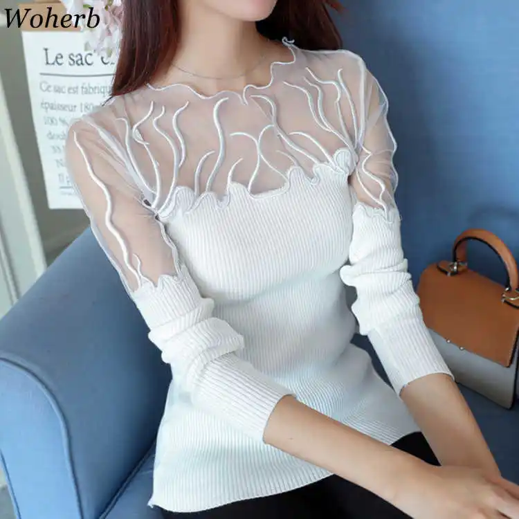 Woherb Schwarz Pullover Frauen Hälfte Rollkragen Langarm Pullover Spitze Patchwork Sehen Durch Schlank Stricken Tops Koreanische Mode 90961