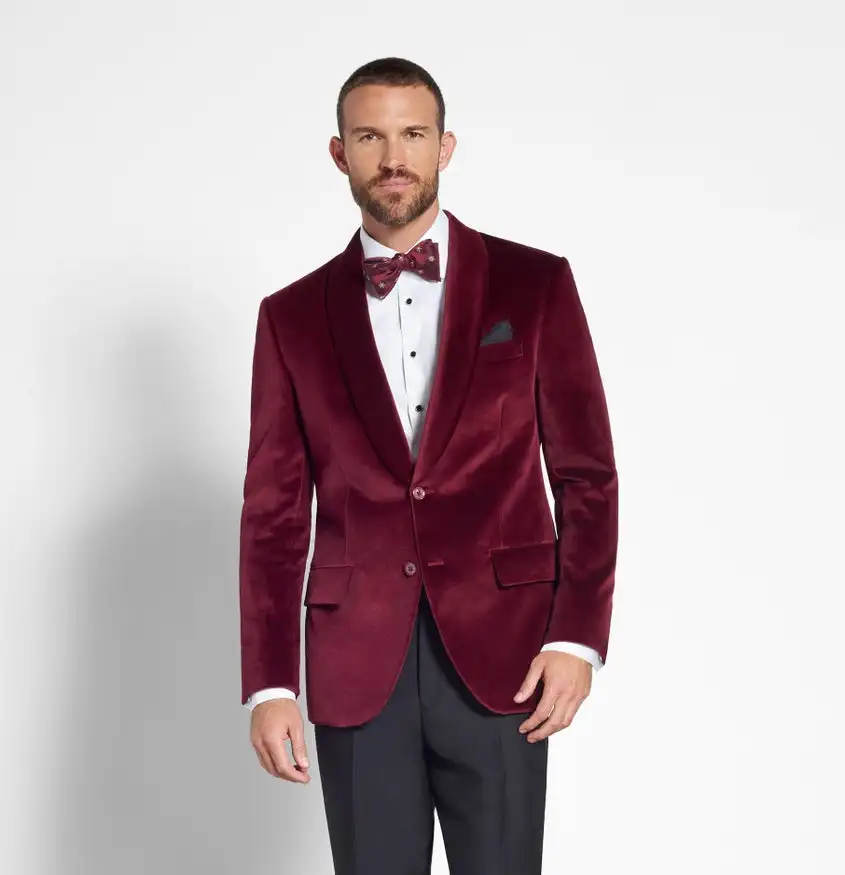 Manteau en velours bordeaux pour hommes, costume formel, grande taille, deux boutons, manteau de meilleur homme, Blazer d'affaires de mariage, une seule veste