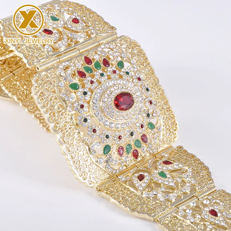 Big Size Moroccan Caftan Wedding Metal Belt For Women Bride Crystal Flower Hollow Waist Chian Algeria French Rose color Belt