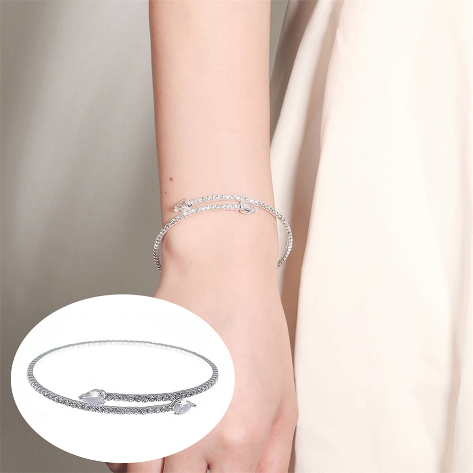 Efily Korean Fashion Rhinestone Bracelet Silver Color Crystal Bangle Bracelet Wedding Party Jewelry for Women Christmas Gift