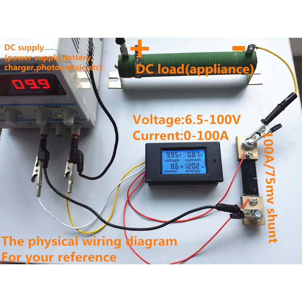 DC 6.5-100V 20A 100A Amp Watt Kwh 4 in 1 voltmetro digitale amperometro LCD consumo energetico amperometro di corrente con Shunt