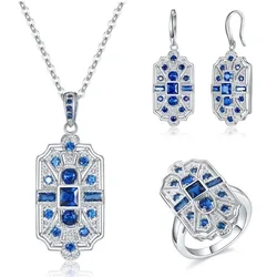 Woman Fashion Art Style  Blue Stone Crystal Necklace Earrings Ring Jewelry Sets Bridal Engagement Wedding Gifts