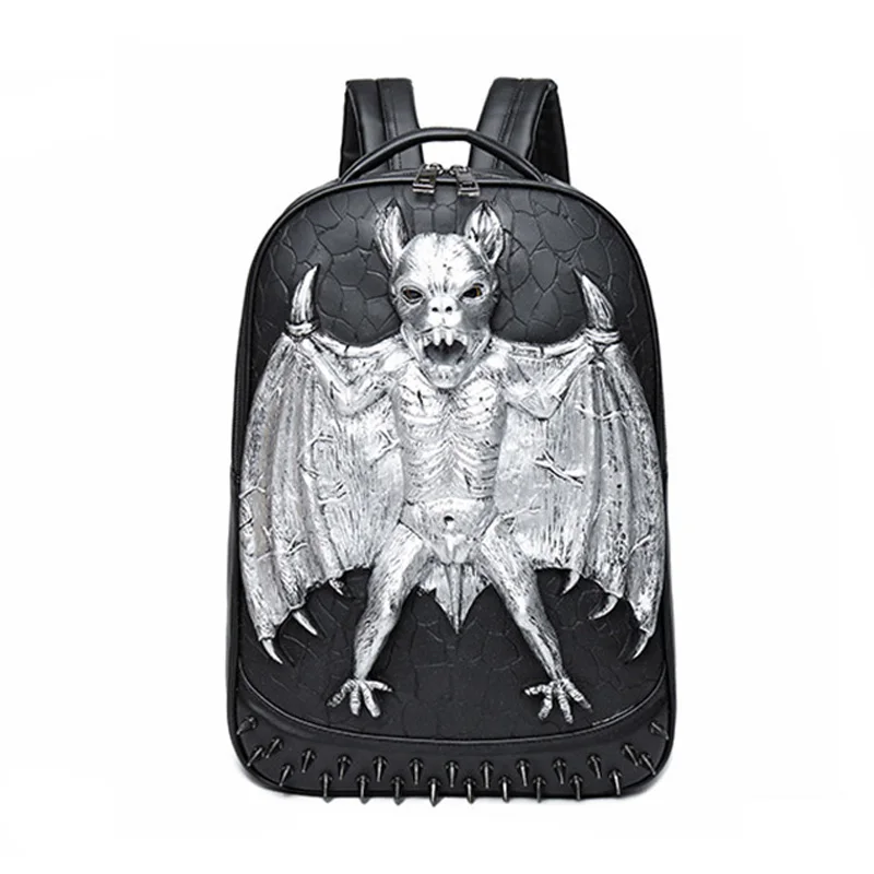 JIEROTYX 3D Leather Backpack Fashion Men Bat Backpack Computer Laptop Bags Cool Travel Bags Girls School Punk Rivets Halloween