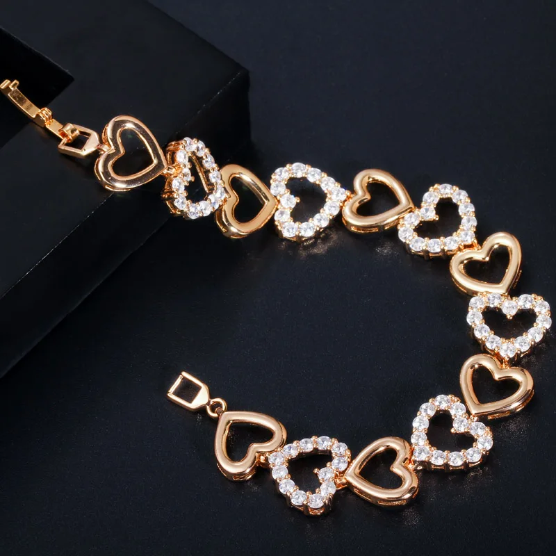 CWWZircons Romantic 585 Gold Plated Cubic Zircon Bracelet for Women Love Heart Trendy Wristband Girlfriend Gifts Jewelry CB204