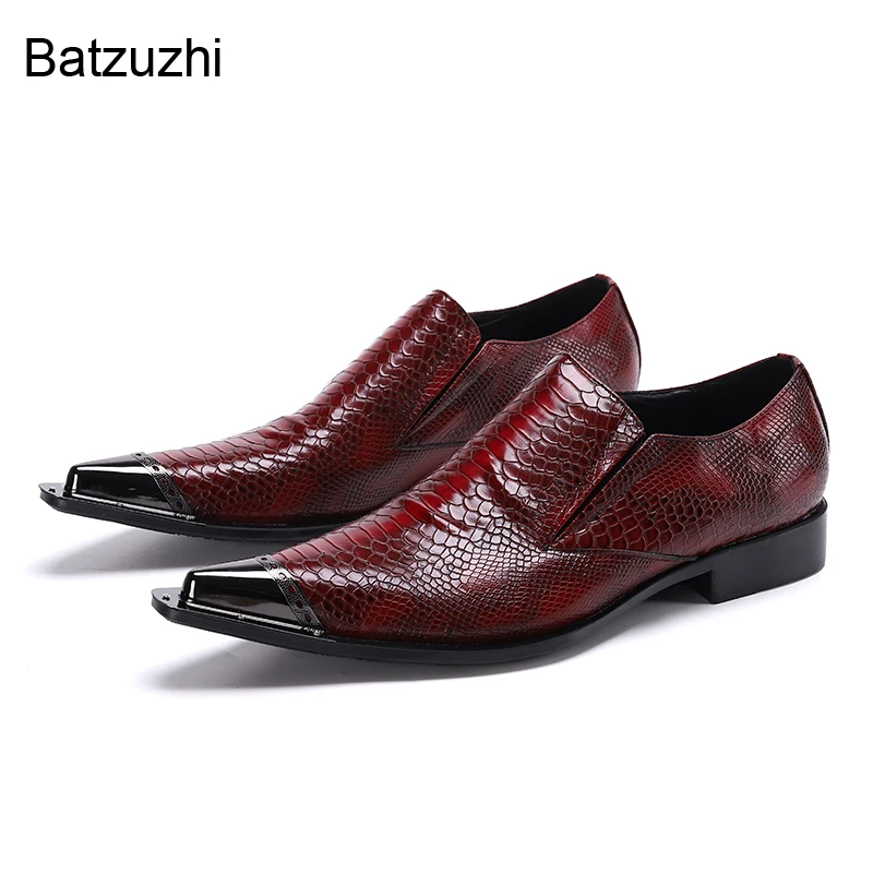 

Batzuzhi New Design Men's Shoes Pointed Metal Toe Genuine Leather Dress Shoes Men Wine Red Business/Party/Wedding Zapatos Hombre