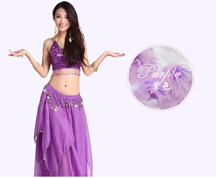 Roupa feminina para dança do ventre, conjunto de fantasias de chiffon indiano, bollywood, com 2 tamanhos, 9 cores