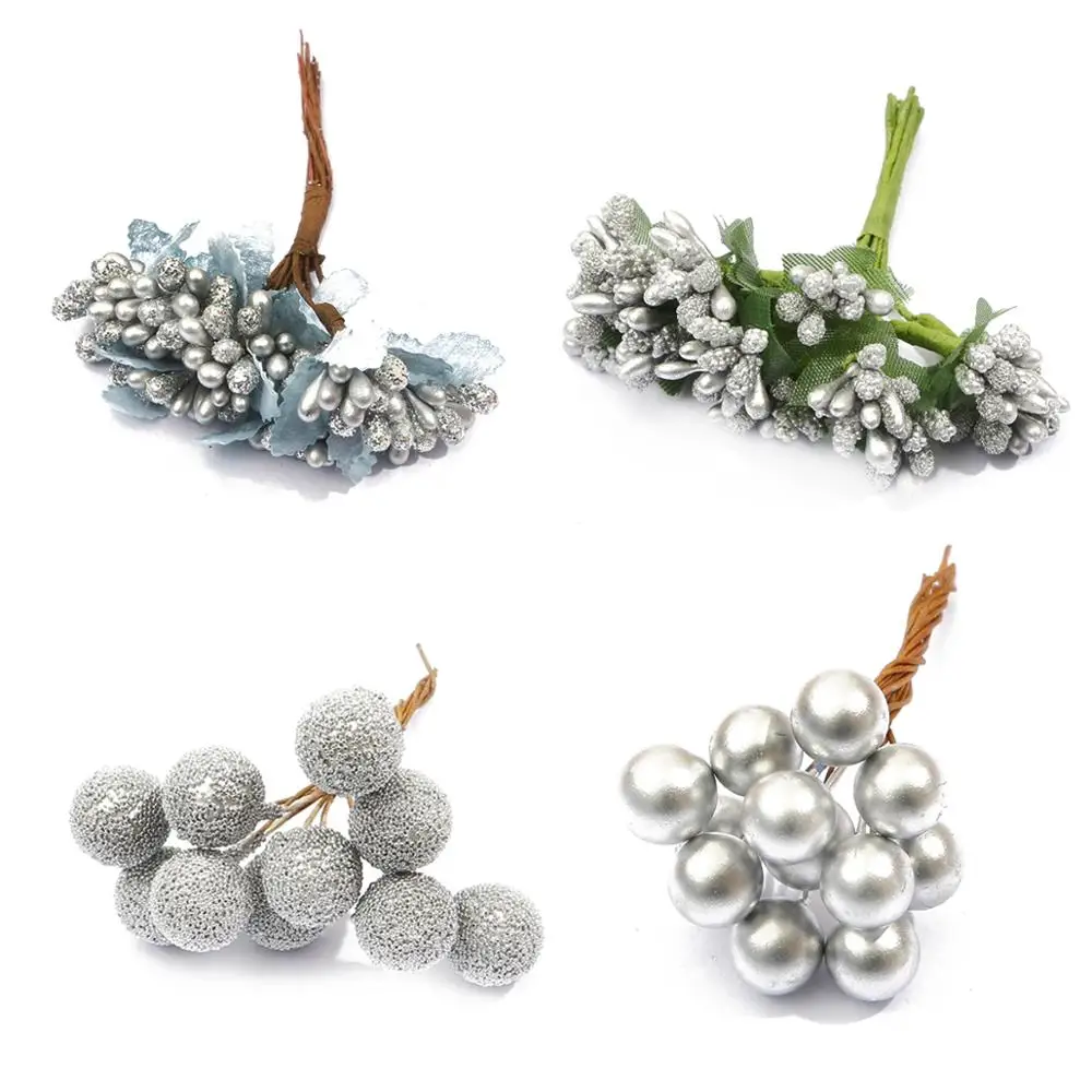 10/12/60/90/144Pcs Silver Mixed Hybrid Flower Cherry Stamen Berries Bundle DIY Cake Christmas Wedding Gift Box Wreath Decoration