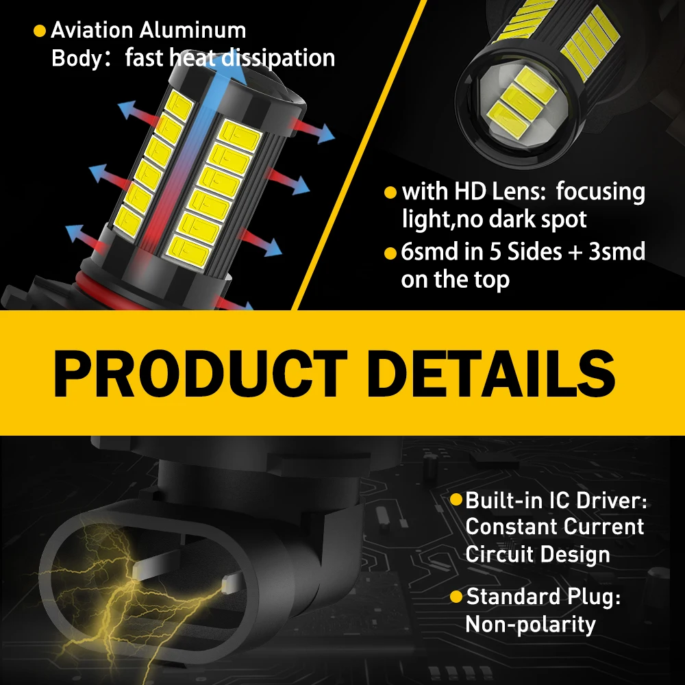 AUXITO 2Pcs H11 LED Fog Lamp H8 H11 H9 5630 33SMD LED 1000LM 9005 HB3 9006 HB4 LED Bulbs Car Driving DRL Auto Lamp 6000K White