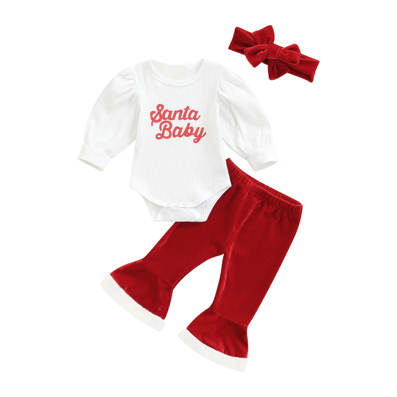 

Lioraitiin 0-18M Infant Baby Girl 3Pcs Christmas Clothing Set Long Sleeve Letter Santa Baby Printed Bodysuit Top Flared Pants