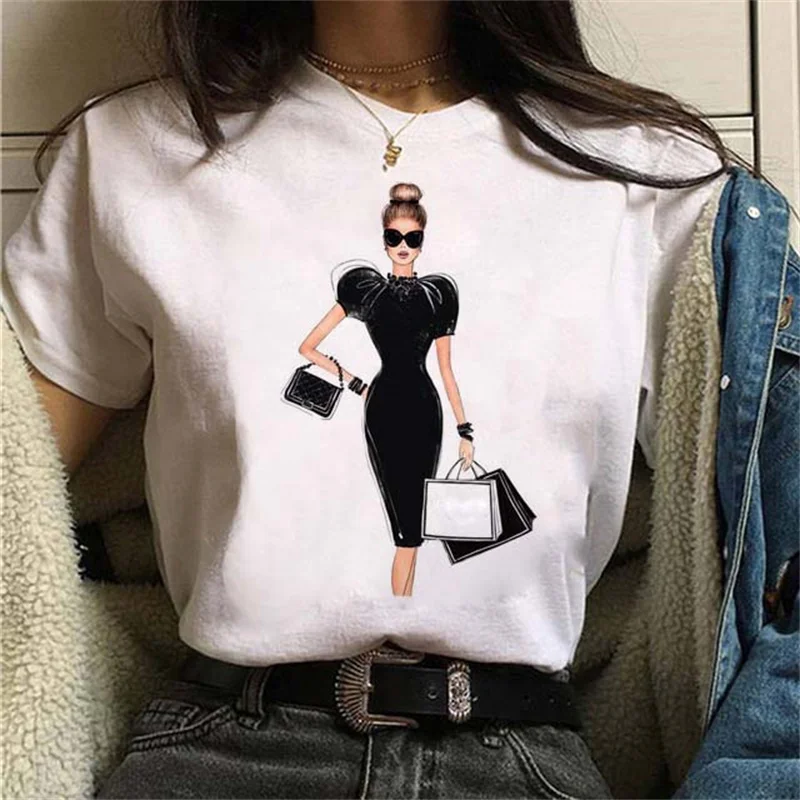 Maycaur Women Casual Short Sleeves T-shirt Harajuku Sexy Women Print T Shirt Fashion Korean Trendy White Tops Female Tshirts