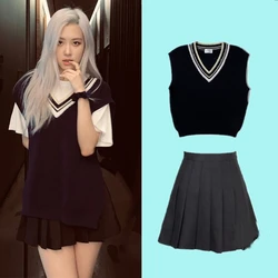 kpop Korean Singer ROSE Autumn fashion V-neck knit vest and white tshirt tops+black high waist mini pleated skirt women outfits