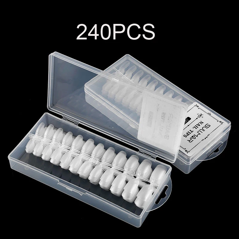 240Pc/Box Clear Traceless Nail Fake Tips Full Coverage Tenacity ABS Fake Nails Long&Short Water drops/T-shaped Nail Tablets Tool