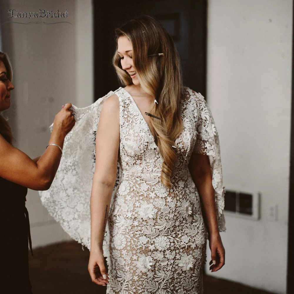 الدانتيل حورية البحر فساتين الزفاف العميق الخامس الرقبة فساتين زفاف أنيقة انفصال كيب الشمبانيا بطانة Noivas DW446