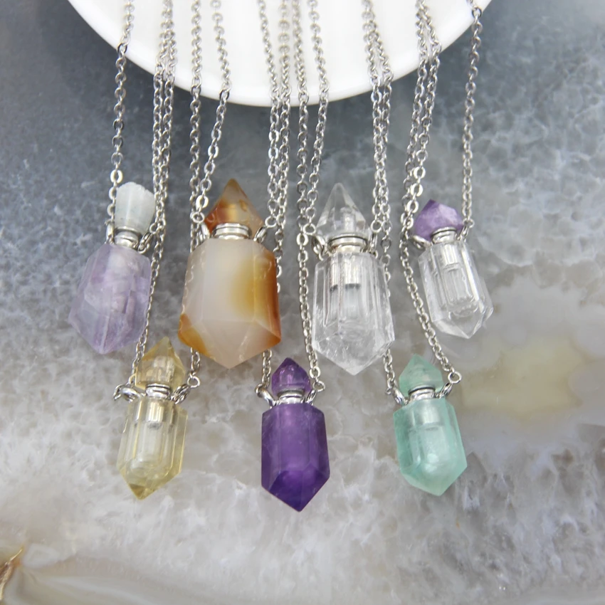 

Natural Quartz Amethysts/Citrines Hexagon Points Perfume Bottle Pendant,Clear Crystal Essential Oil Diffuser Vial Necklace