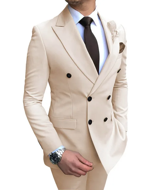 

2024 Beige Men Suits Office Double Breasted Male Jacket Groom Wear Slim Fit Tuxedo Wedding Suits Tailor Made Costume Homme