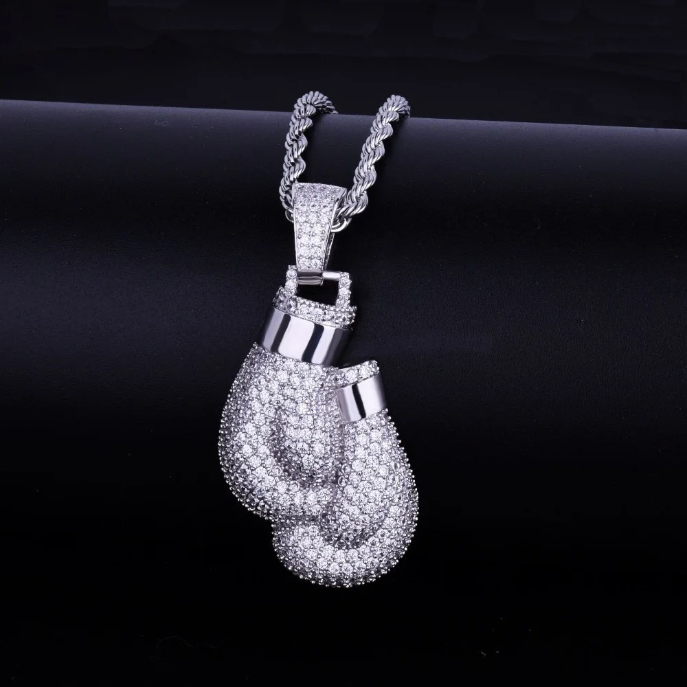 

Hip Hop Crystal Boxing Gloves Portrait Necklace Pendant Charm Bling Iced Cubic Zircon Necklace Cool Men's Rock Biker Jewelry