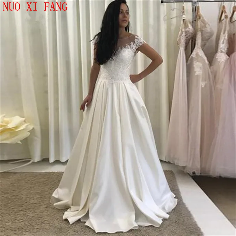 NUOXIFANG Vintage Satin Cheap A Line Cap Sleeve Lace Applique Wedding Dresses Boho Turkey Bridal Gown Vestidos De Novia