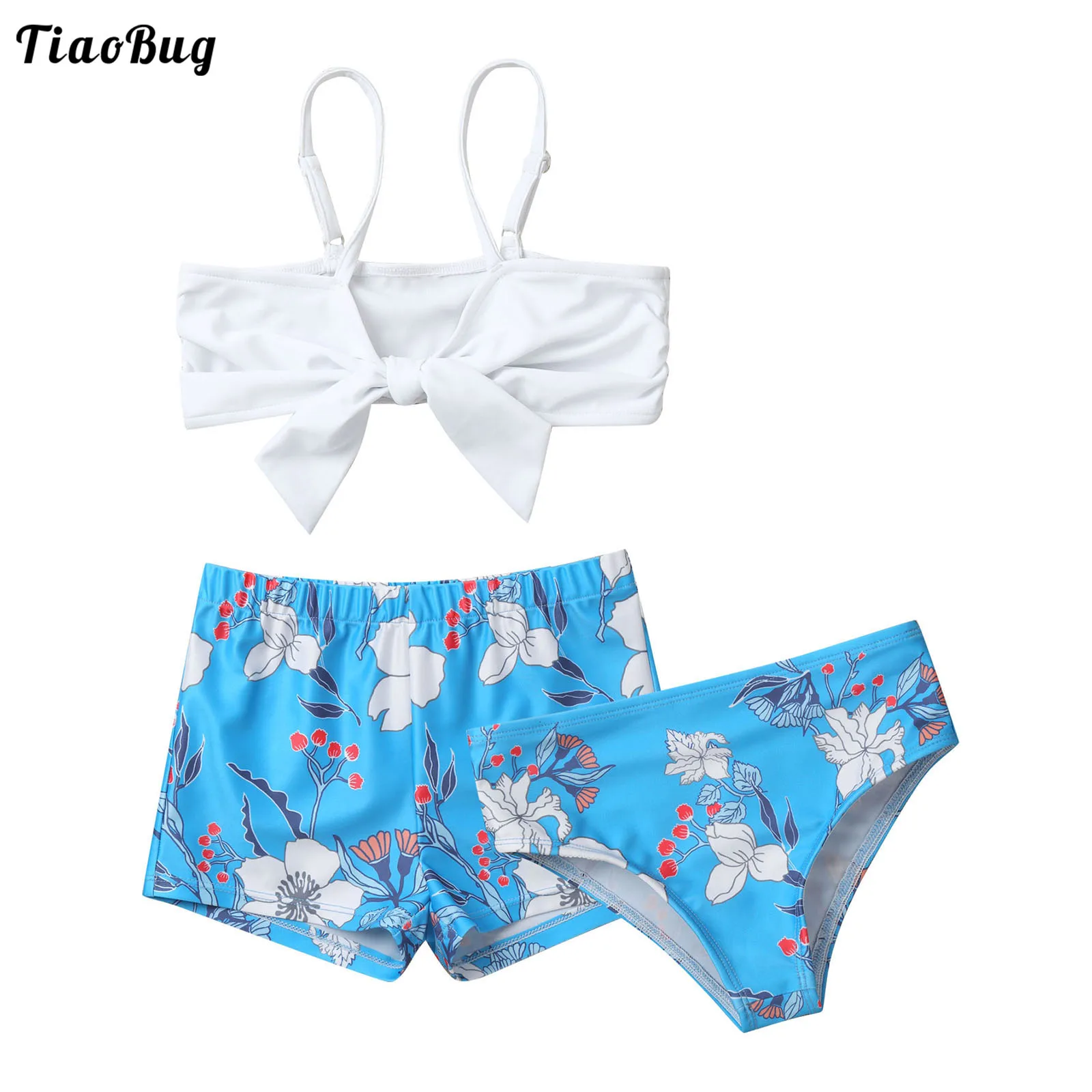 3Pcs Kids Girls Swimwear Adjustable Straps Bowknot Knotted Front Top And Floral Print Boyshorts Briefs Set Beach Bikini Swimwear