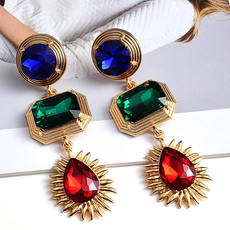 Statement New Metal Colorful Crystal Long Drop Earrings High-Quality Luxury Glass Rhinestone Jewelry Accessories For Women