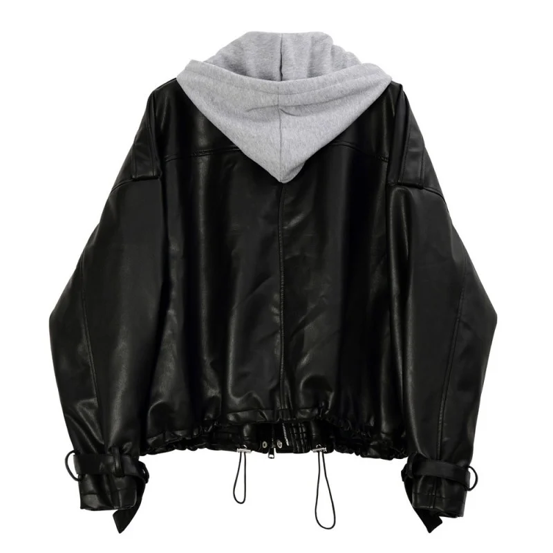 

Style Boyfriend Women Loose Fit Fake Two Piece Hoodie Pu Leather Jacket Casual Oversized Outerwear Coat Drawstring Waist Jackets
