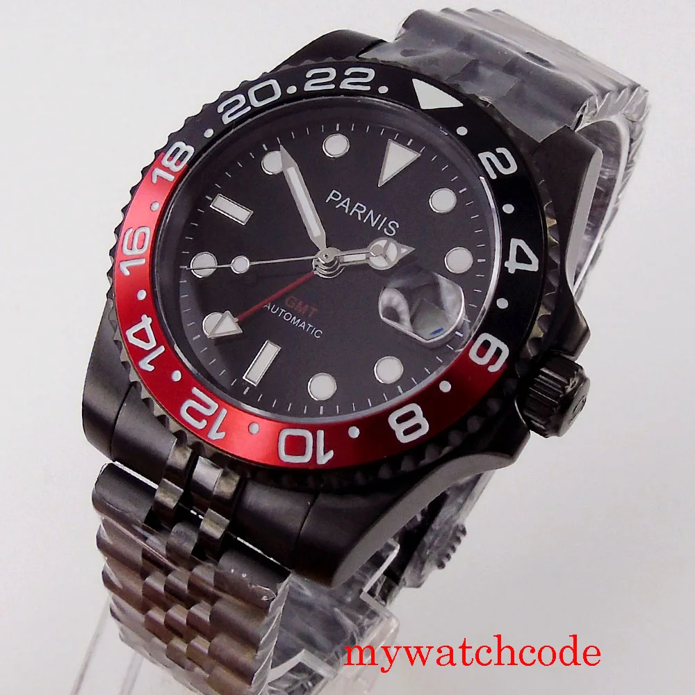 40mm Parnis Black PVD Plated GMT Automatic Men Watch Sapphire Glass Date Bracelet Strap Luminous Marks Unidirectional Bezel