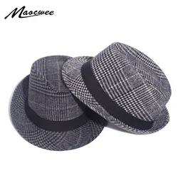 Brand Retro Fedora Hat Faux Woolen Felt Mens Winter Jazz Cap Outdoor Gentleman Top Plaid Pattern Hats Derby Chapeau Fedoras