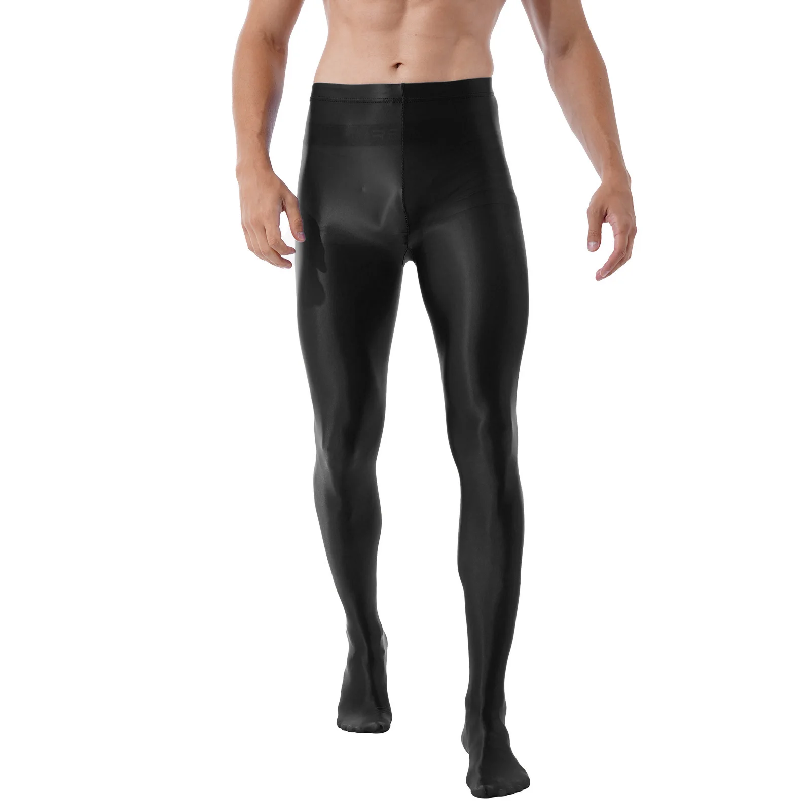 Men Glossy High Waist Pantyhose Oil Shiny Stretch Footed Leggings Athletic Compression Pants Baselayer Bottom Balle Dance Tights