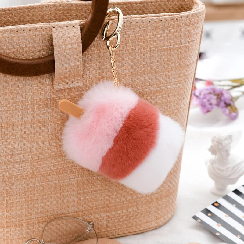 

Candy Color New Real Rex Rabbit Fur Keychain Ice Cream Popsicle Key Ring Pompom Creative Fur Ball Bag Pendant