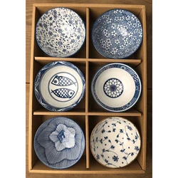 Japanese Ceramic Salad Rice Bowls, Classical Blue and White Kitchen Tableware, Household Restaurant Soup Noodle Bowl, 6Pcs Set