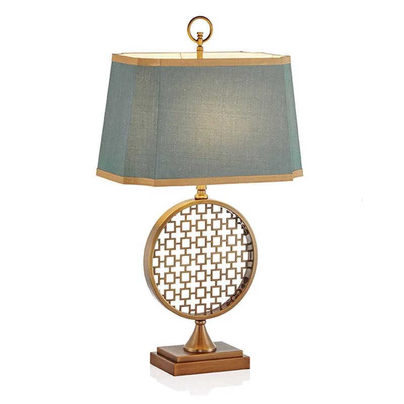 

Zen Style Chinese Tradictional Iron Base With Copper Plated Table E27 Led Linen Green Shade Desk Bedroom Bedside Lamp