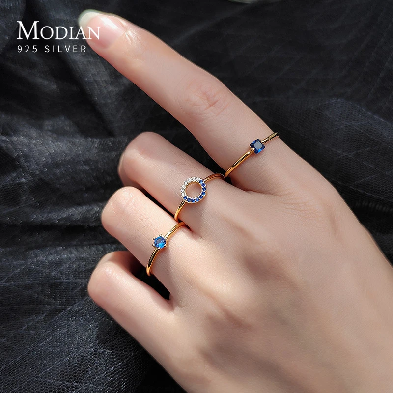 Modian Brands Water Drop Round Square Blue Crystal Opening 925 Sterling Silver Ring for Women Korea Style 3 Style Fine Jewelry