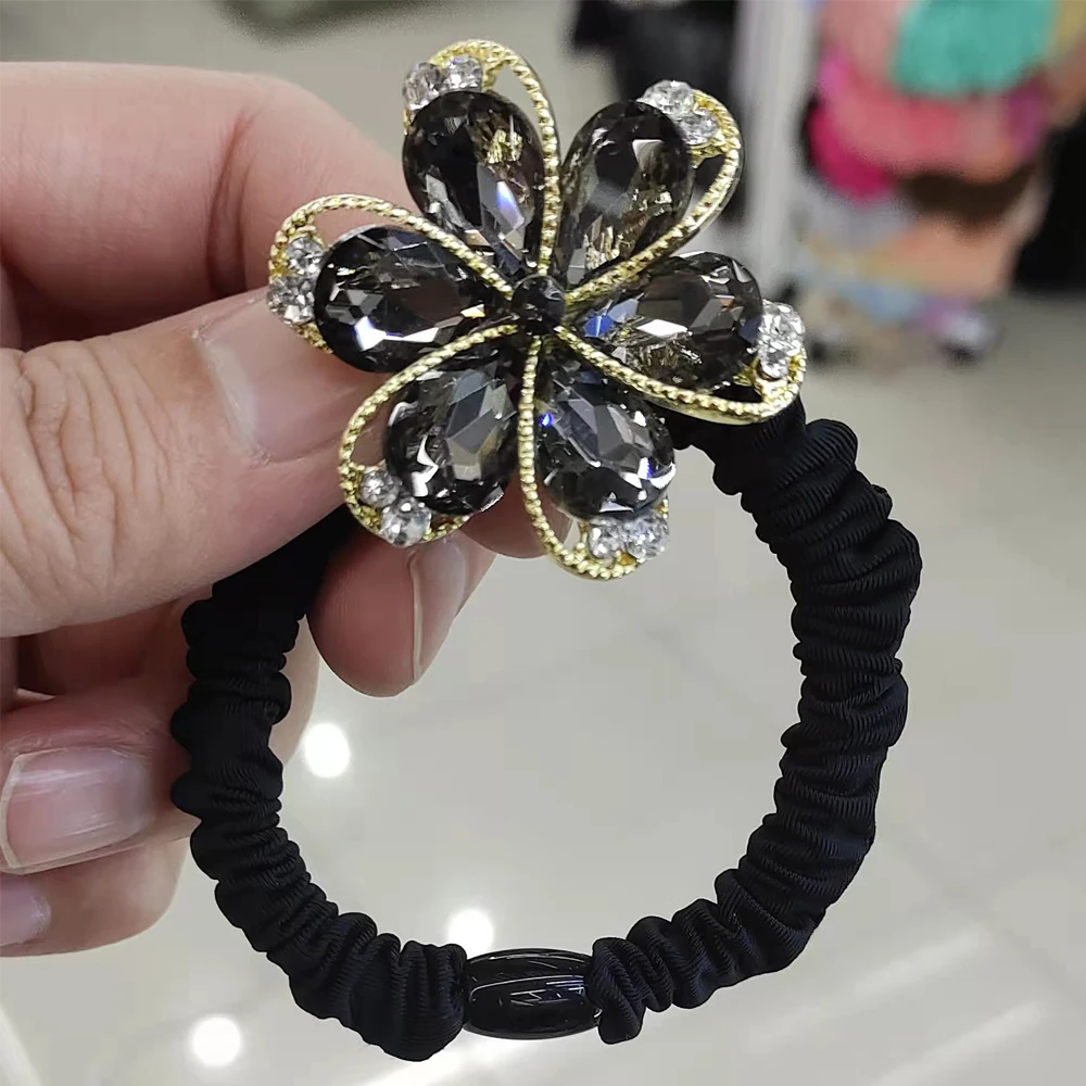 New Fashion High Elastic Rubber Band With Shiny Crystals For Women Headwear Colorful Flower To Fix Hair Trend Hair Elastic Band