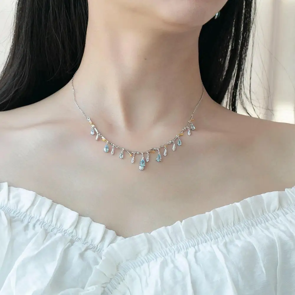 GEM'S BALLET 925 Sterling Silver Handmade Flower Bud Gemstone Necklace With Natural Sky Blue Topaz For Women Wedding Jewelry