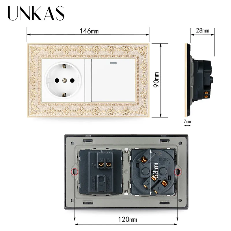 UNKAS 4D Zinc Alloy Metal Panel Russia Spain EU Socket + 1 2 3 4 Gang 1 / 2 Way On / Off Light Switch Embossing Retro Frame