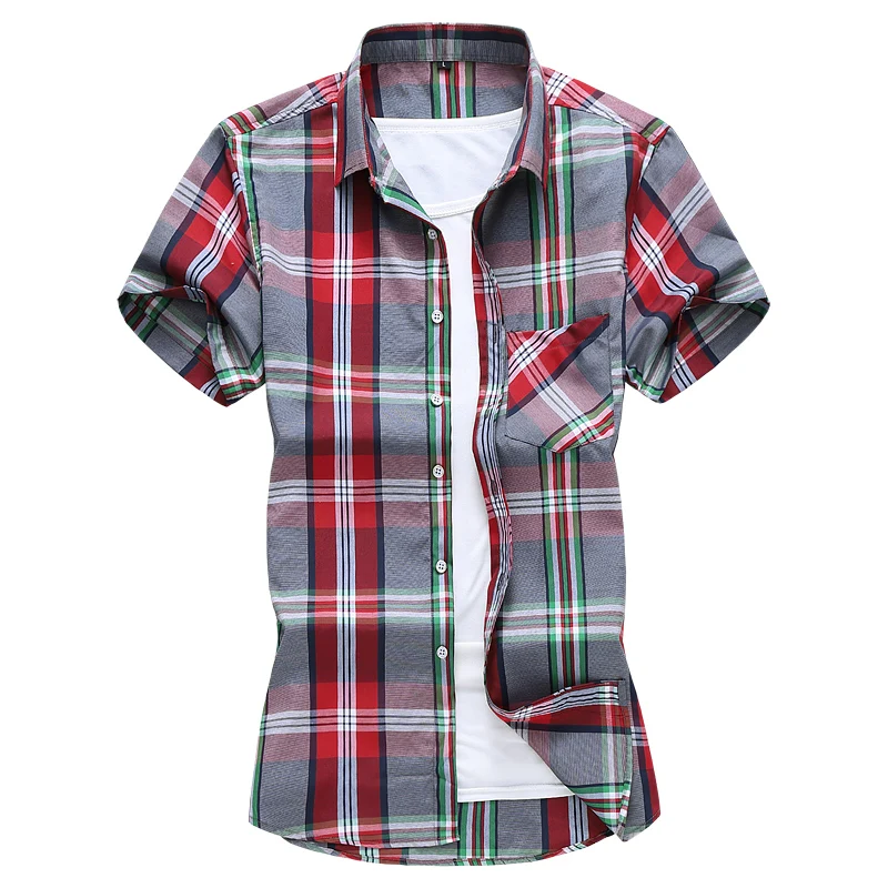 New Fashion Plaid Shirt Men Summer Casual Short Sleeve Shirts Mens Plus Size Beach Hawaiian Tops Blouse Male 5XL 6XL 7XL