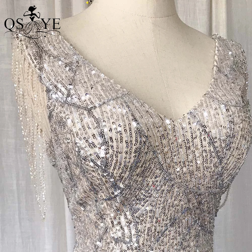 Sequined Silver Long Prom Dresses Stretch Pattern Lace Beading Straps V Neck Evening Gown Sexy Split Fitted Formal Party Dress