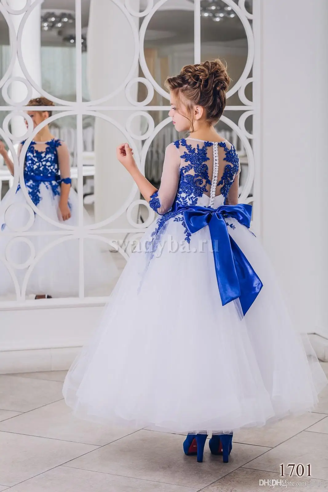 New Lovely Royal Blue Lace Appliques Flower Girl Dresses Half Sleeve With Bow Sash Ankle Length Girl Pageant Prom Party Gowns