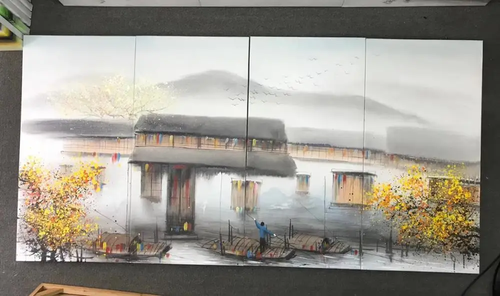 100% Hand Painted 4 pcs Modern Chinese Landscape Oil Painting on Canvas Abstract Canvas Painting Wall art Picture for Home Decor