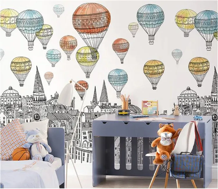 Original Building 3d Cartoon Mural Fire Balloon Wallpaper for Child Baby Room Kindergarten 3d Cartoon Wall paper Stickers