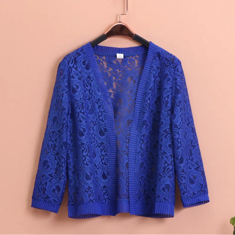 UHYTGF Dệt Kim Cardigan Mùa Hè Áo Khoác Thời Trang Nữ Rỗng Khăn Choàng Mỏng 7XL Size Lớn Áo Khoác Màu Tự Nhiên Ngắn Thanh Lịch Hàng Đầu 1676