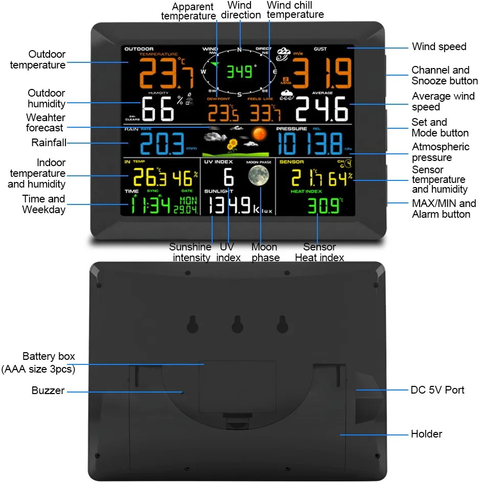 Wireless Weather Station WiFi Professional Internet with Outdoor Sensor Rain Gauge Forecast Wind