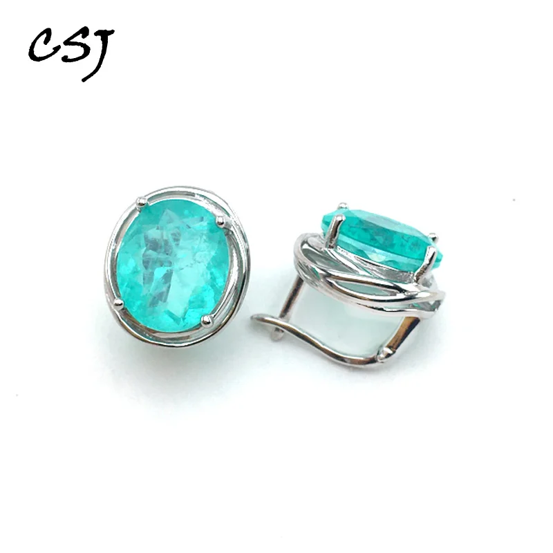 

CSJ Paraiba Tourmaline Earrings Solid 925 Sterling Silver Gemstone for Women Fine Jewelry Party Wedding Gift Free Ship