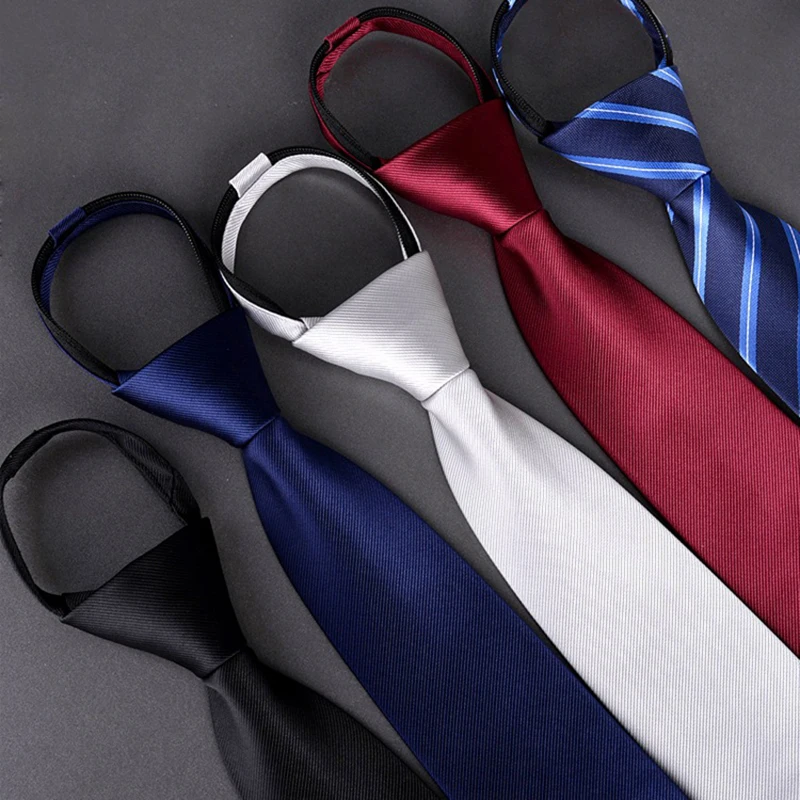 GUSLESON New Fashion 8cm Silk Solid Stripe Lazy Zipper Tie Neck Tie for Gentleman Wedding Party Cravats Accessories Elastic Tie