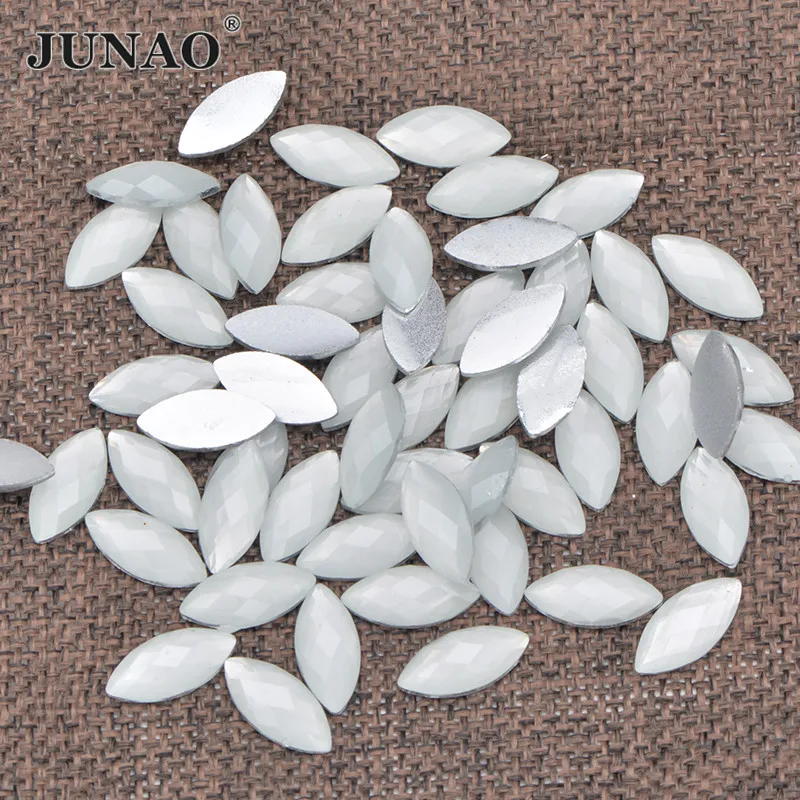 JUNAO 100pcs 7x15mm Neon White Horse Eye Rhinestones Non Sewing Resin Crystals Stones Flat Back Strass Appliques for Clothes