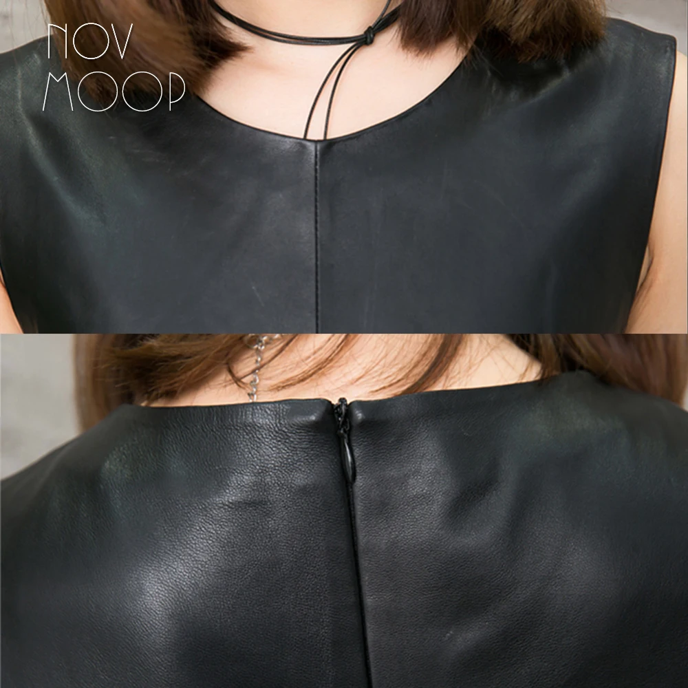 Novmoop Elegant sexy black O-neck natural genuine leather autumn winter women dress with button zipper decor robe femme LT2810